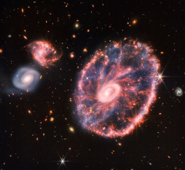 The image of the Cartwheel Galaxy was acquired using the James Webb Space Telescope and released on August 2, 2022. (Image: NASA, ESA, CSA, STScI, Webb ERO Production Team)